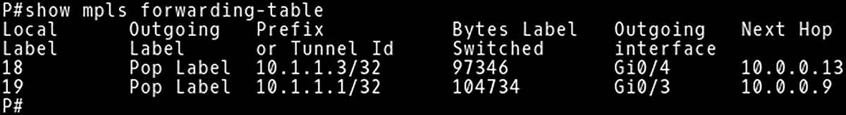 MPLS Forwarding Table of P Router