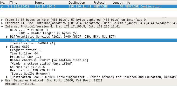 UDP packet sent from the Attacker to the Memcached Server