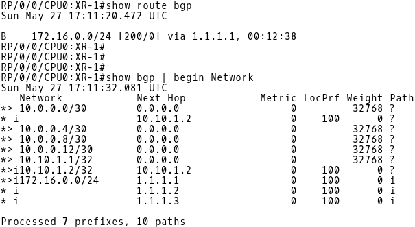 Routing Table (BGP routes only) and BGP Table of XR-1