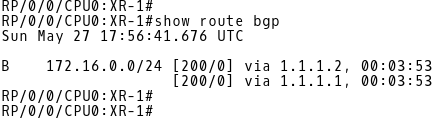 Routing Table of XR-1 (BGP routes only) after Installation of Second Best Path