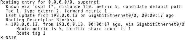 OSPF E2 Route Installed in Routing Table of R-NAT when Link Between CE-1 and ISP-A is Active