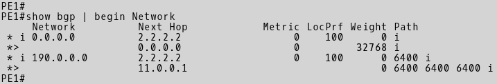 PE-1 BGP Table When AS_PATH Length Criteria is Ignored