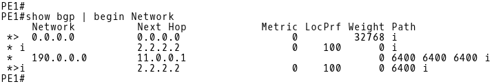 PE-1 BGP Table After the Configuration of AS-PATH Prepending on R1