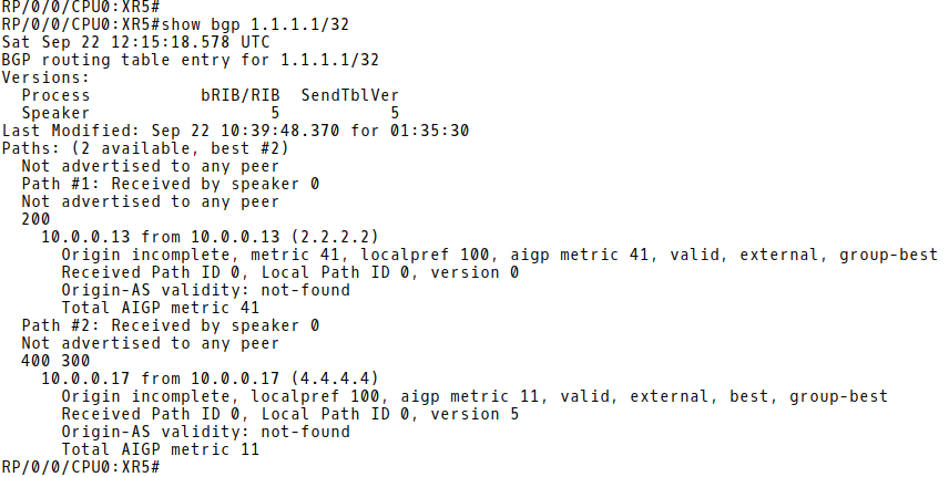 BGP Table of XR5 for 1.1.1.1/32