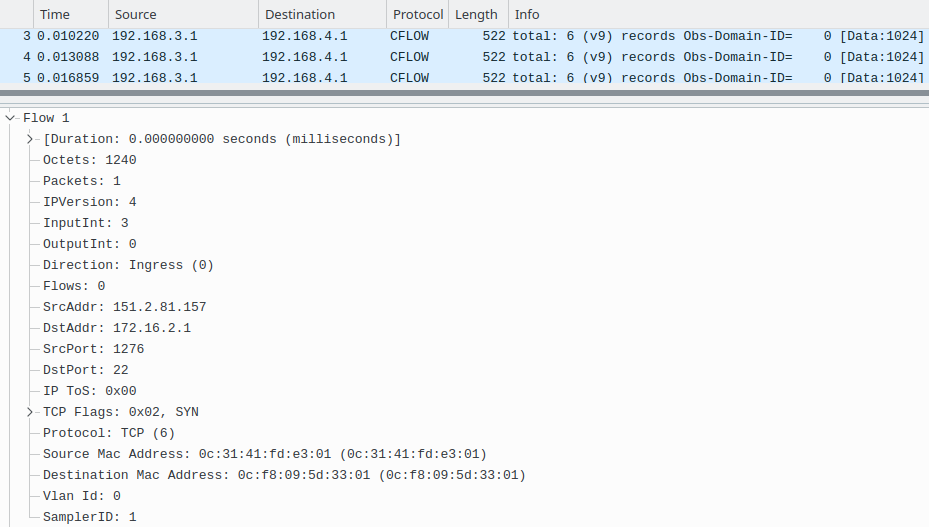 Wireshark Capture Screen on NetFlow Collector