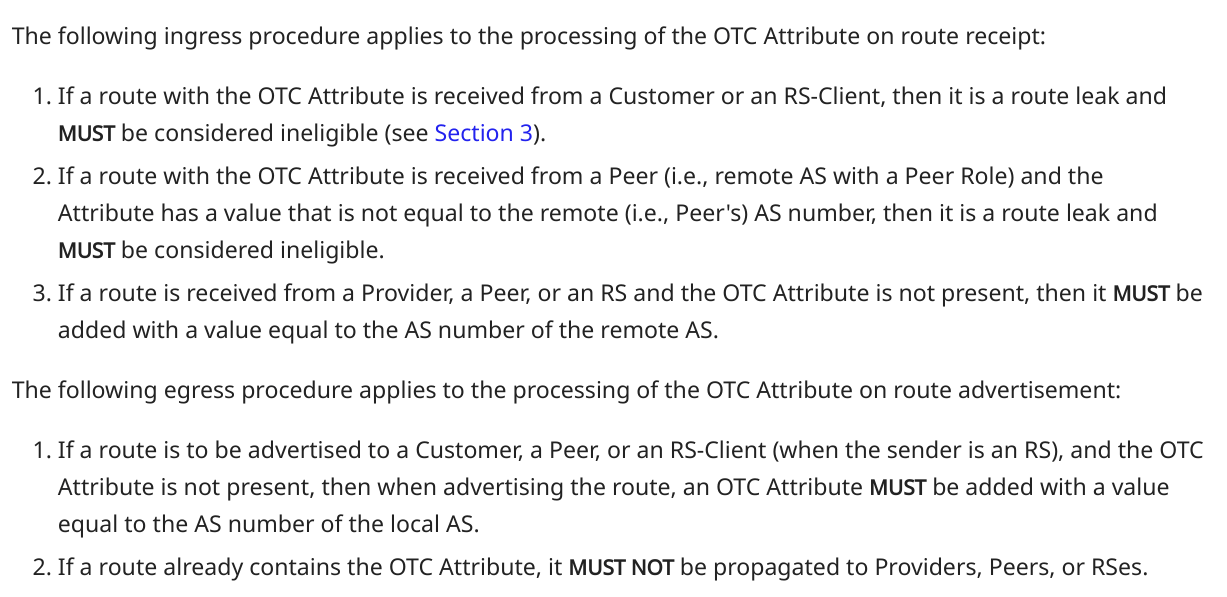 Ingress and Egress Procedures for Processing OTC Attribute Defined  by RFC 9234